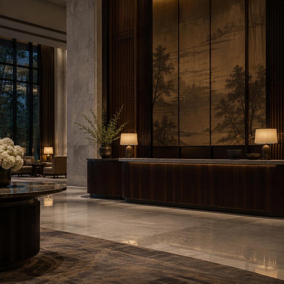 Hotel lobby check-in area at dusk