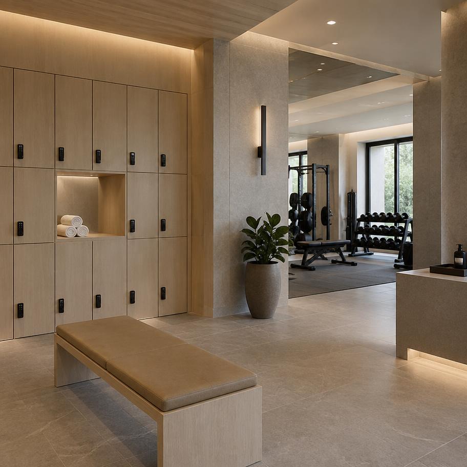 Spa and gym locker area with pale wood lockers