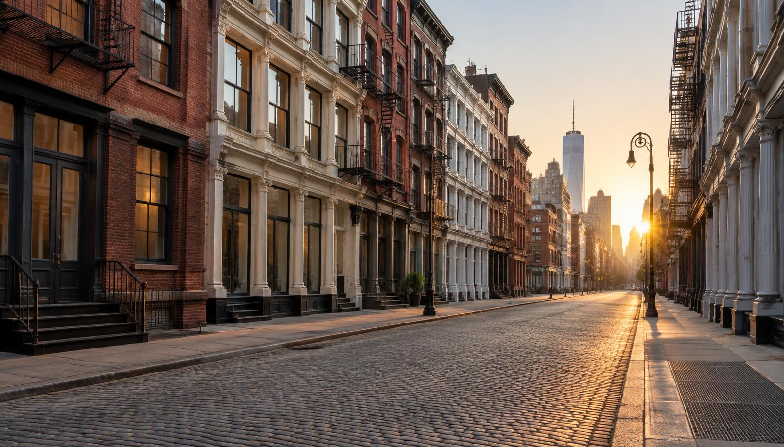Quiet New York City street at sunrise