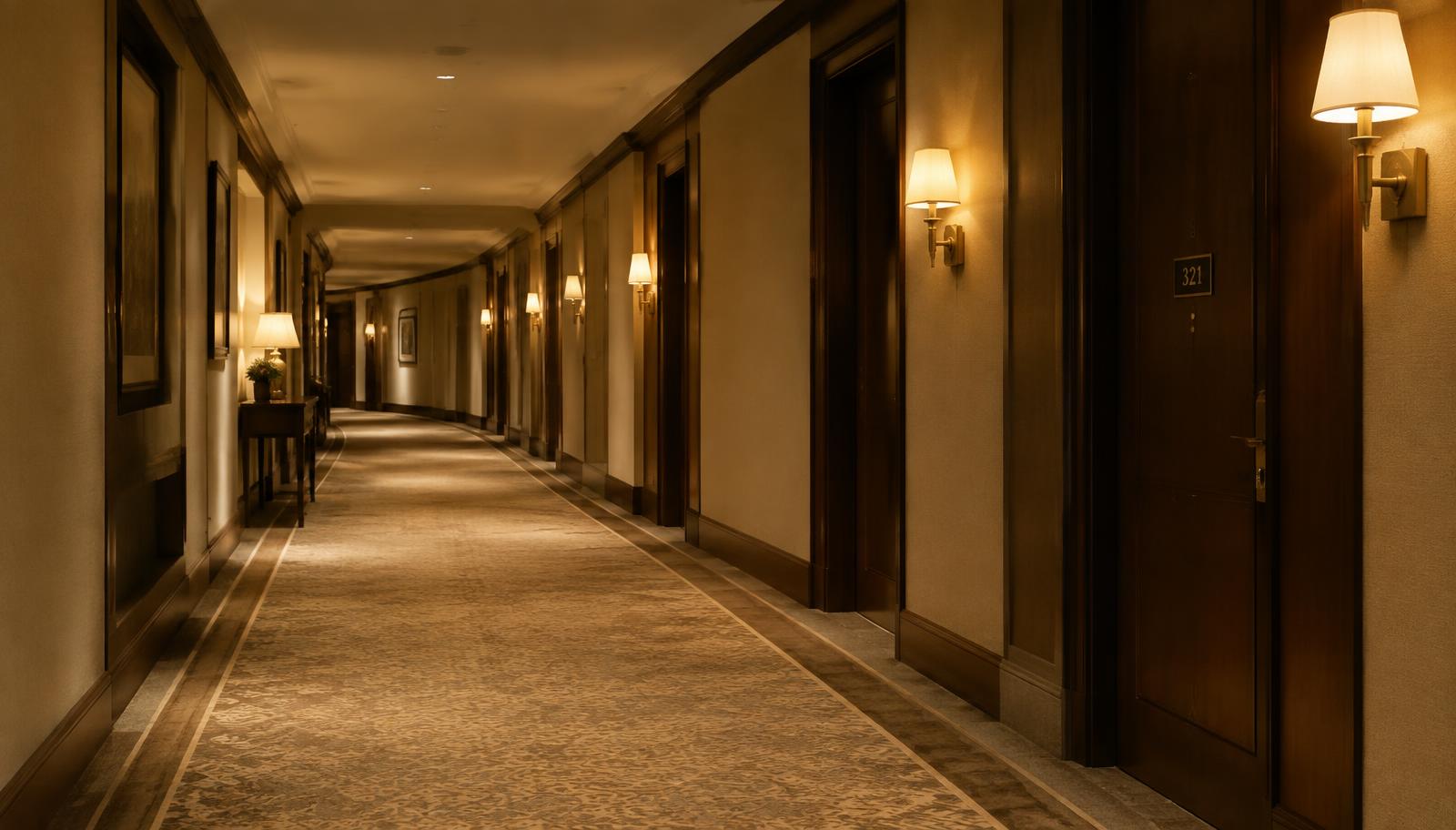 Softly lit hotel corridor