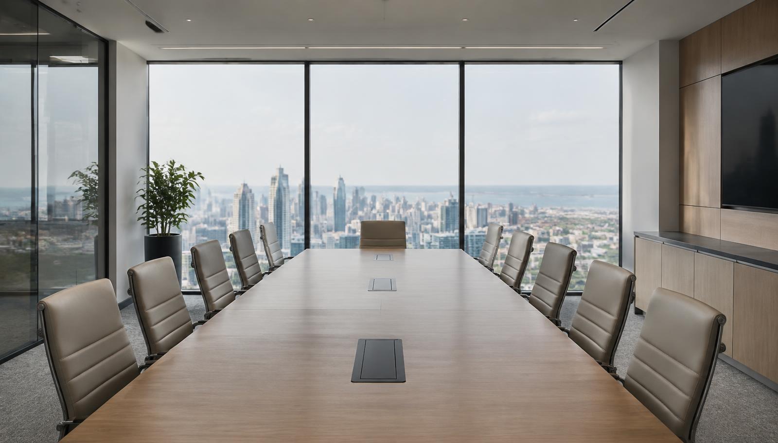 Empty boardroom with a city view