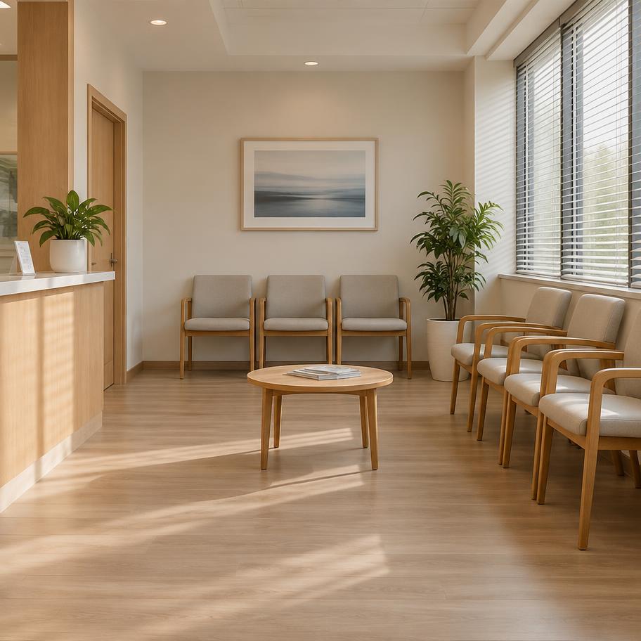 Calm clinic waiting area with daylight through blinds
