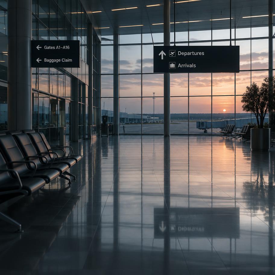 Airport terminal concourse at dawn