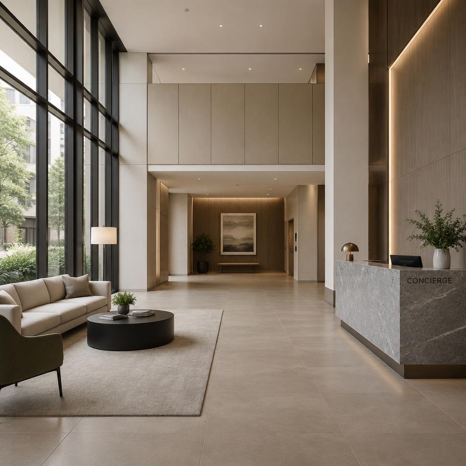 Residential building lobby with concierge desk