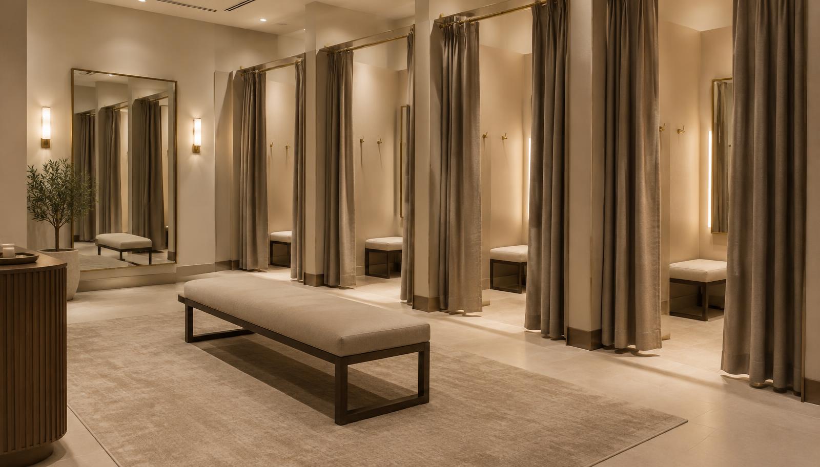 Store fitting room area with curtains and a bench