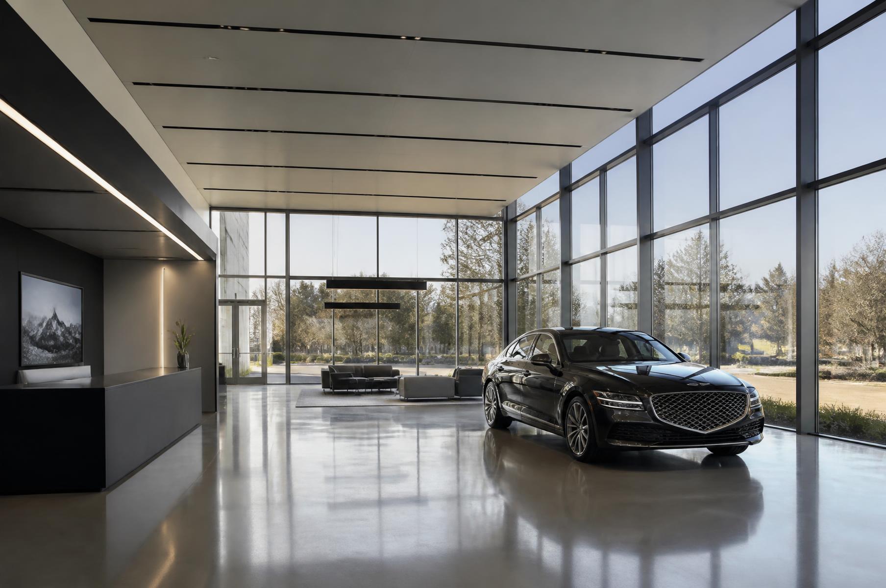 Modern car dealership showroom interior with polished floor and glass facade